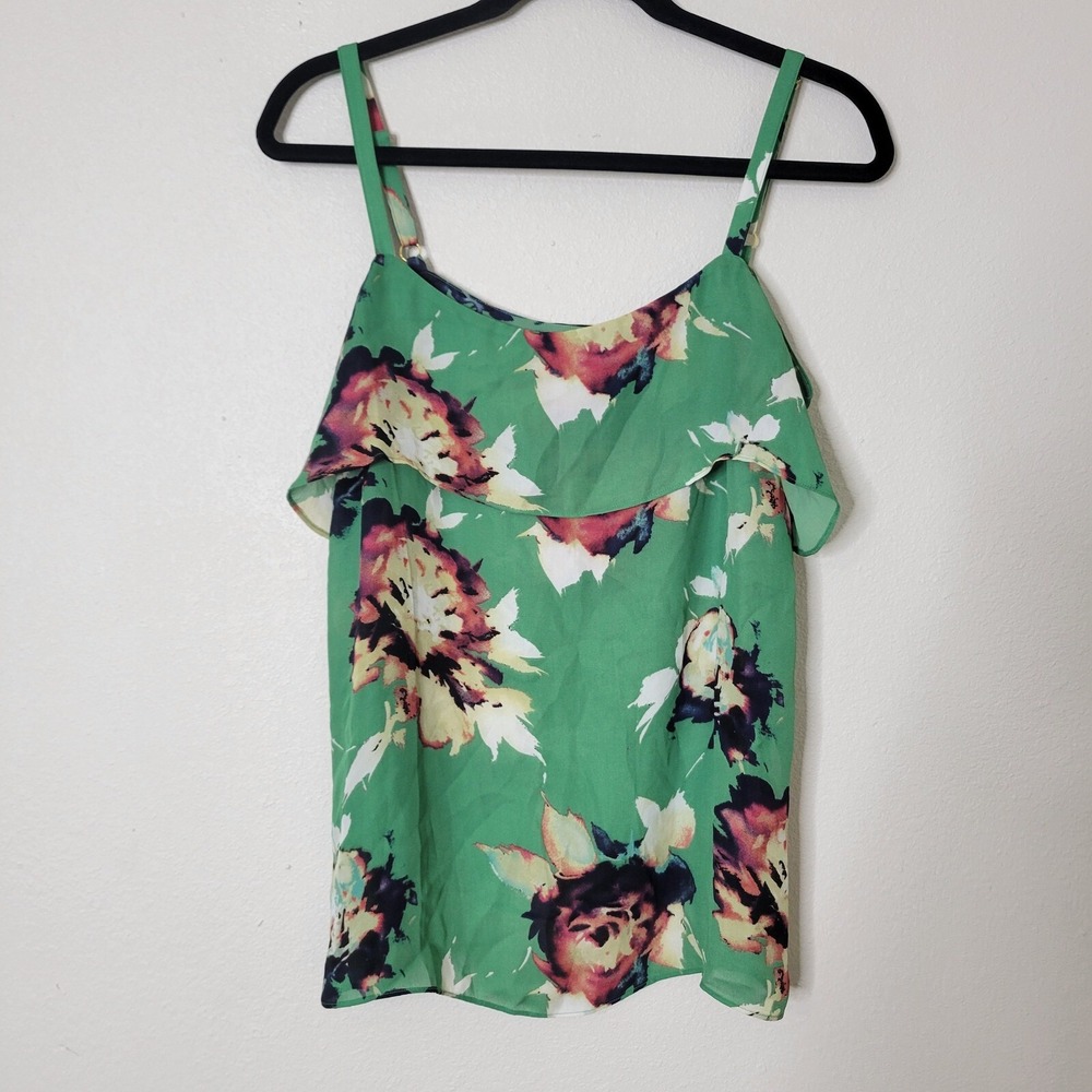 Cabi 3264 Floral Tank Top Ruffle Sleeveless Green Casual Blouse Medium